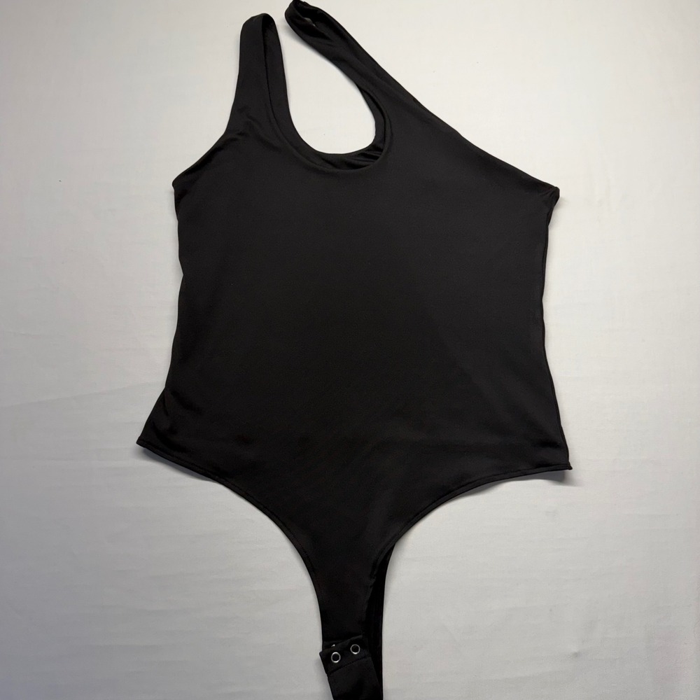 Reoria Black‎ One Shoulder Bodysuit XL Stretch Snap Thong Minimalist Basic